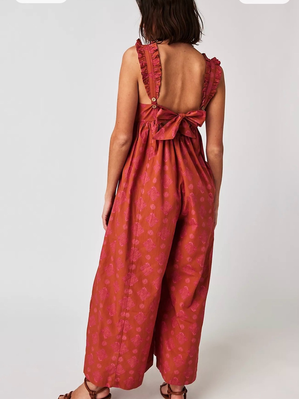 Free People Katya Printed Jumpsuit Boho Wide Leg Ruffle Strap Back Bow Tie - Picture 3 of 9